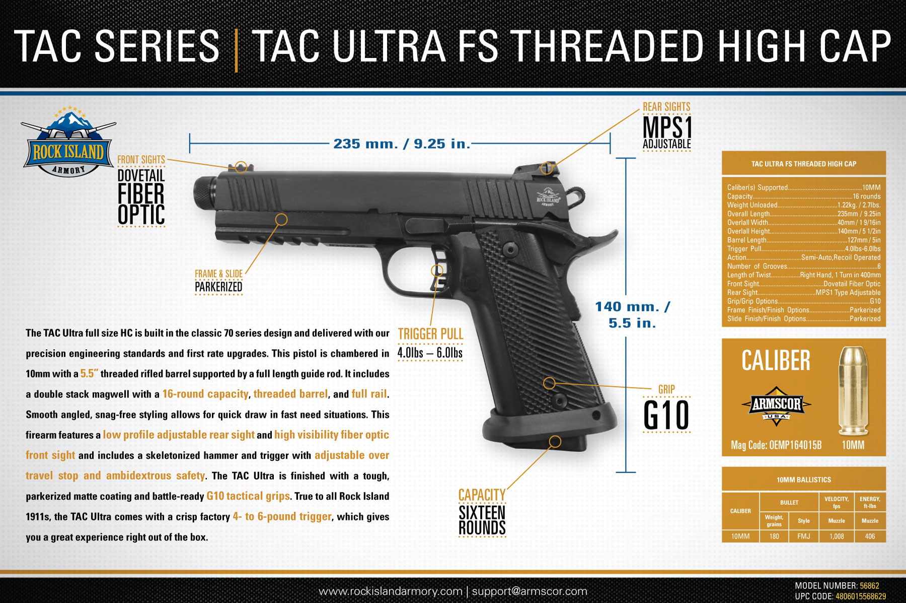 Pistolet Ria Tac Ultra Fs Hc Kal 10mm Auto Threaded Magazyn Uzbrojenia 0849